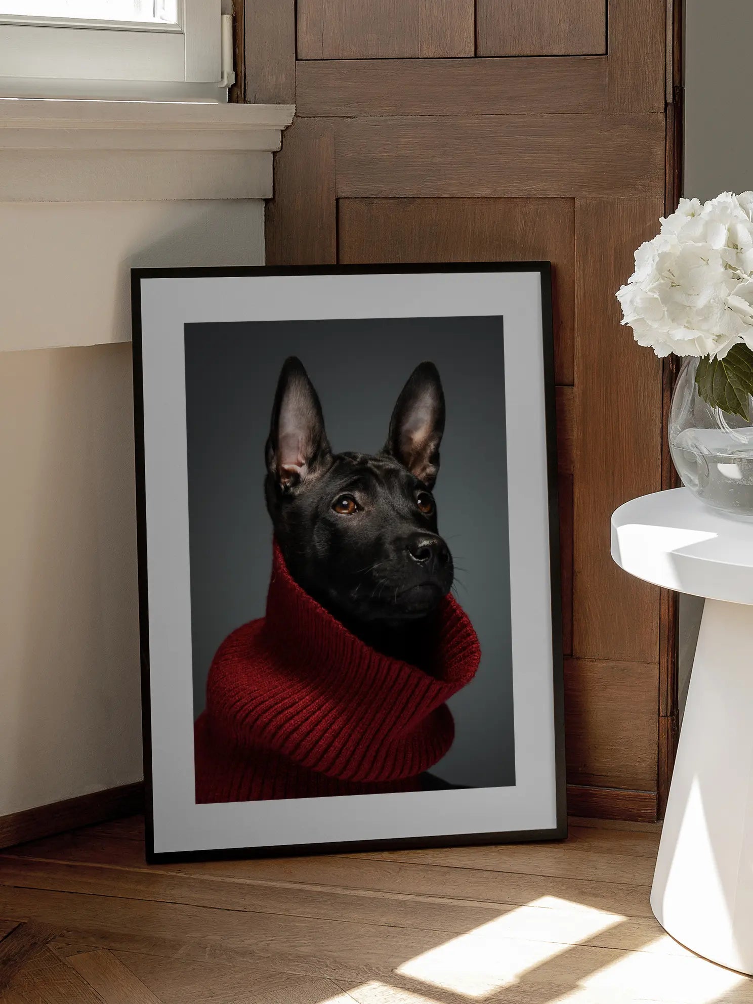 Black Dog in Red Turtleneck Poster