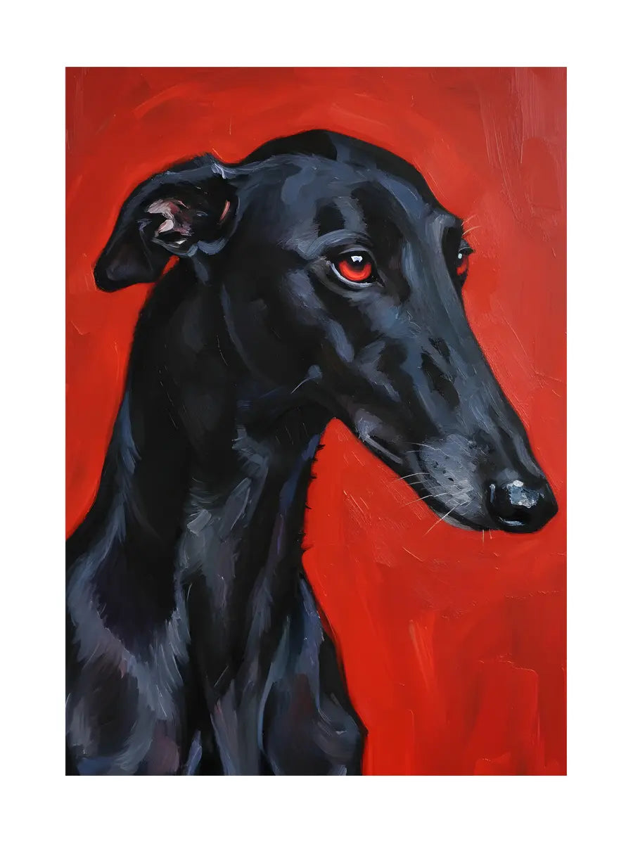 Porträt eines schwarzen Windhundes vor einem roten Hintergrund.