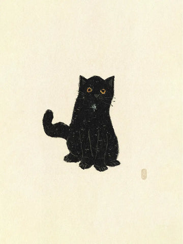 Illustration einer schwarzen Katze mit orangefarbenen Augen auf beigem Hintergrund.
