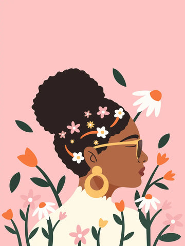 Eine stilvolle Illustration einer schwarzen Frau im Profil mit Blumen im Haar und einer Sonnenbrille auf rosa Hintergrund.