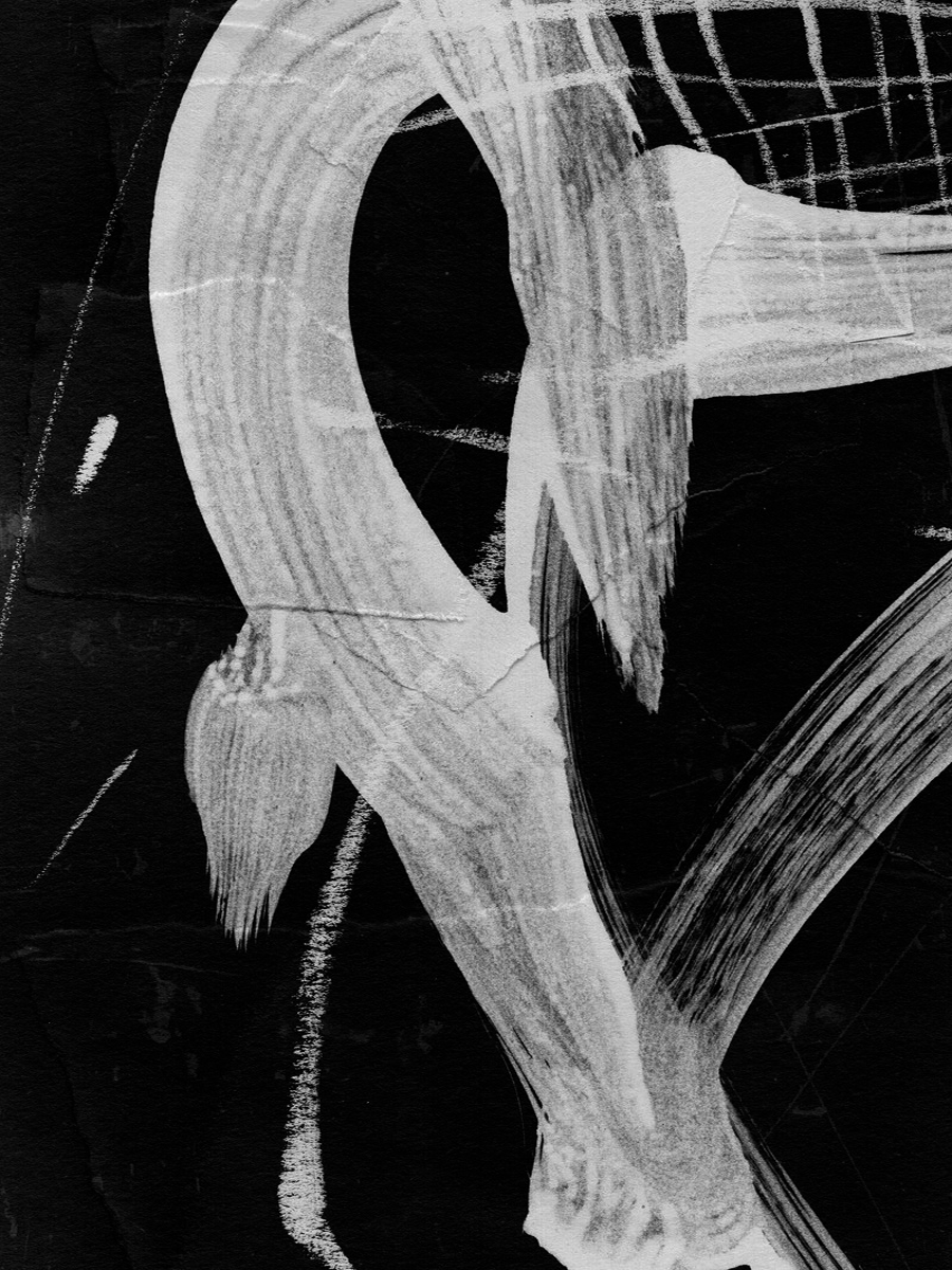 Schwarz-weißes abstraktes Poster mit weißen Strichen auf schwarzem Hintergrund.