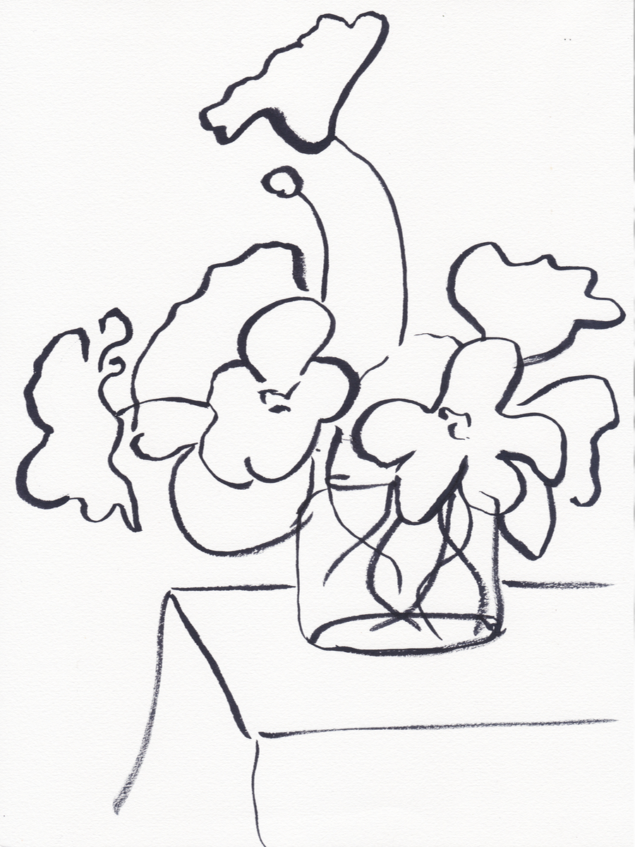 Minimalistische Schwarzweiß-Illustration eines Blumenstraußes.