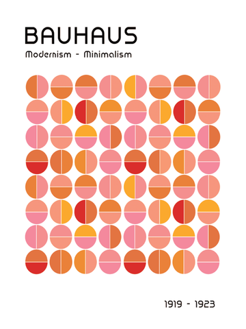 Bauhaus-Poster mit geometrischen Kreisen in Orange- und Rosatönen und dem Text „Bauhaus - Modernism - Minimalism“.