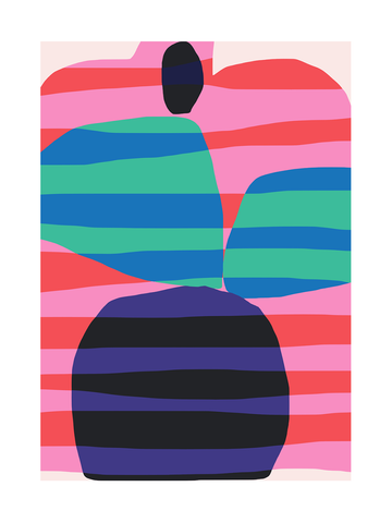 Poster mit bunten, geometrischen Formen in Streifenmuster.