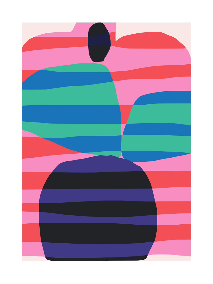 Poster mit bunten, geometrischen Formen in Streifenmuster.