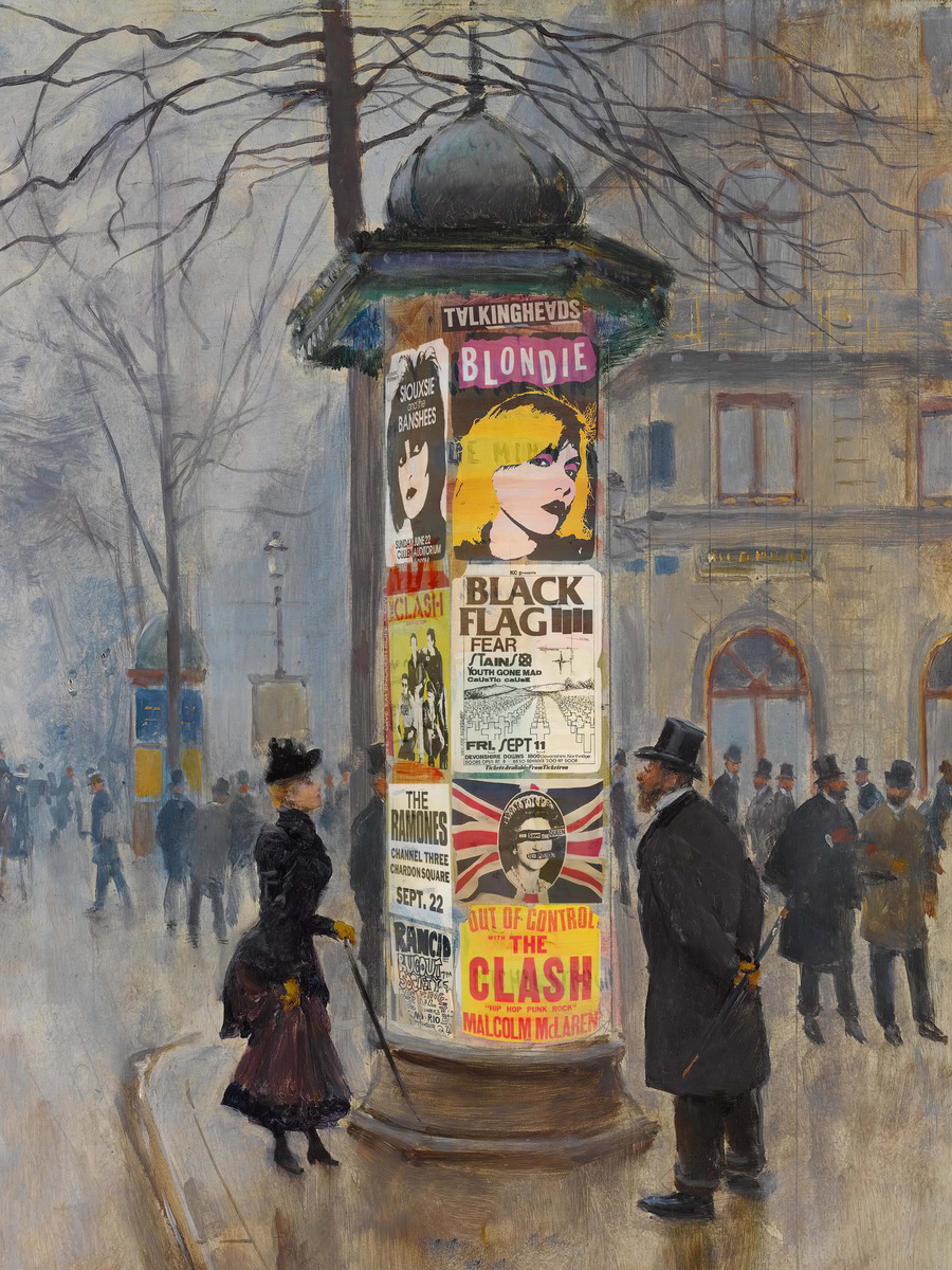 Poster mit Litfaßsäule, beklebt mit Punk- und New-Wave-Bandpostern, vor einer städtischen Straße mit Figuren in historischer Kleidung.