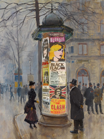 Poster mit Litfaßsäule, beklebt mit Punk- und New-Wave-Bandpostern, vor einer städtischen Straße mit Figuren in historischer Kleidung.