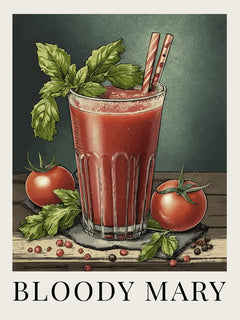 Illustration eines Bloody Mary Cocktails mit Tomaten und Basilikum.