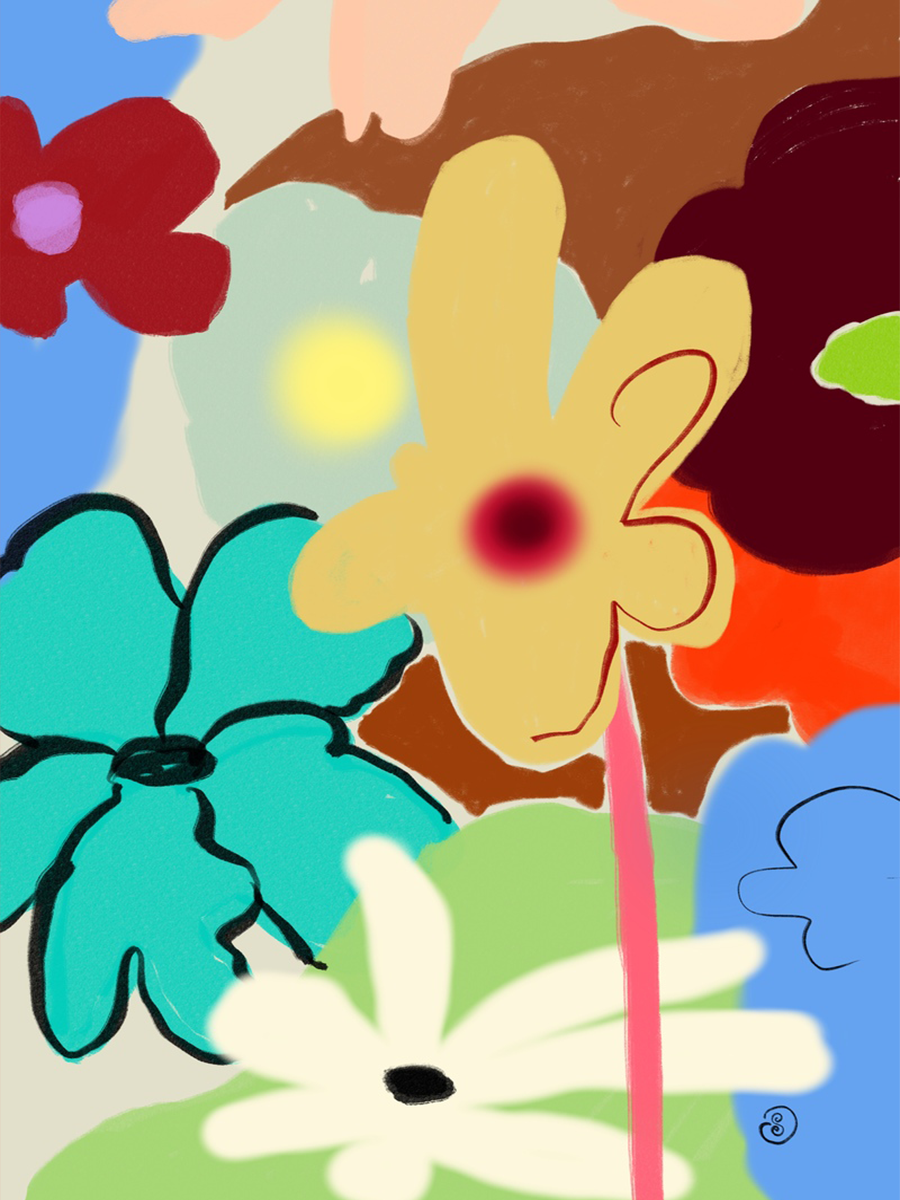 Illustration von bunten Blumen vor einem abstrakten Hintergrund in Blau, Rosa und Braun.
