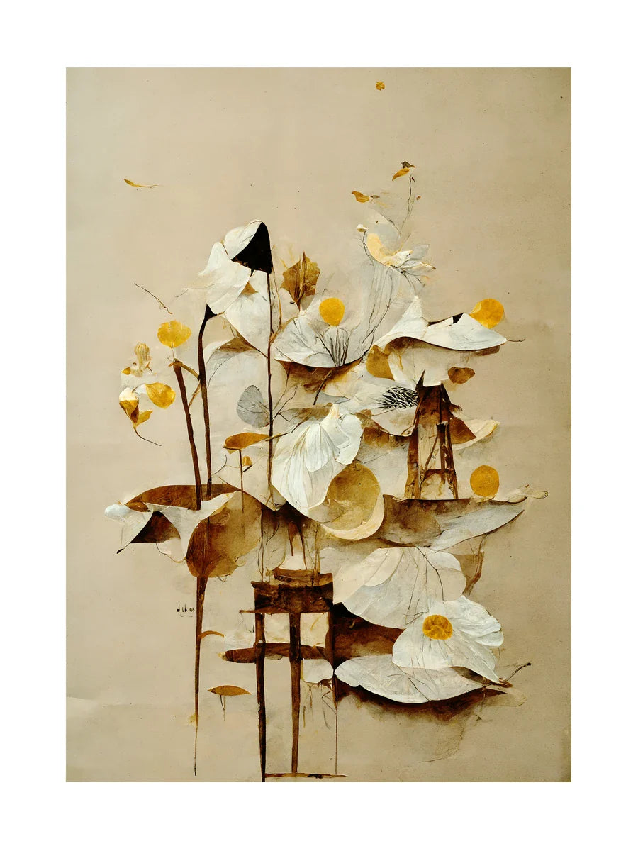Illustration von weißen und gelben Blumen auf einem beigen Hintergrund.