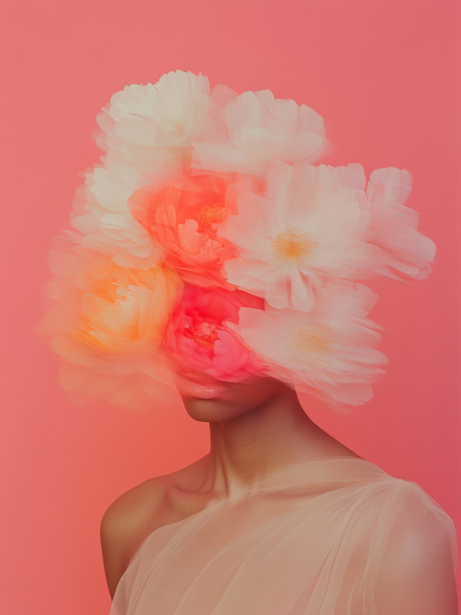 Frau mit Blumenstrauß als Kopf vor rosa Hintergrund.