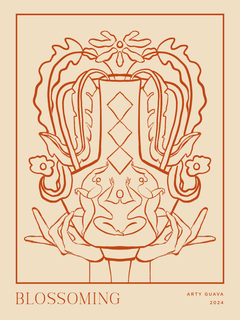 Grafisches Poster mit dem Wort "Blossoming" in Rot auf beigem Hintergrund, inspiriert von floralen Elementen.