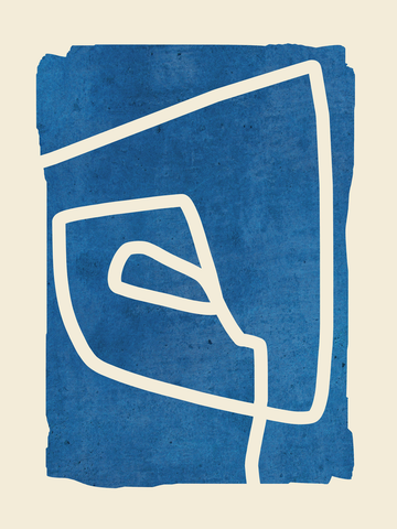 Grafik mit abstrakter weißer Figur auf blauem Hintergrund und beigem Rand.