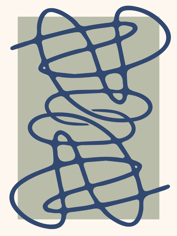 Abstrakte Illustration mit dunkelblauen Linien vor einem hellgrünen Quadrat.

