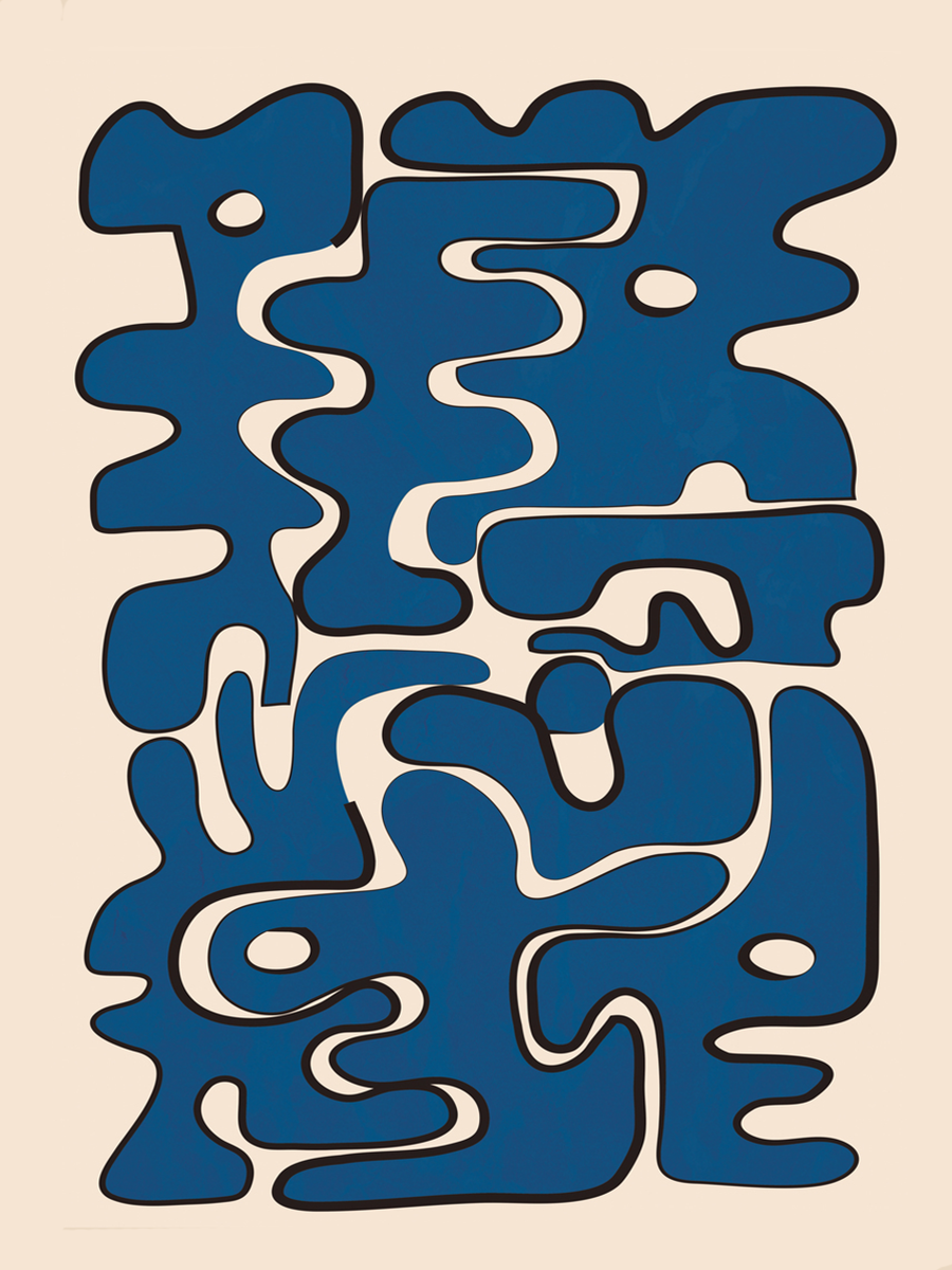 Abstrakte blaue Formen mit schwarzen Umrissen auf beigem Hintergrund.