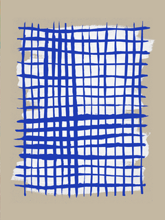 Abstraktes Gittermuster in Blau und Weiß auf beigem Hintergrund.