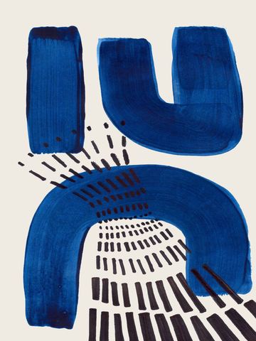 Grafische Illustration mit blauen Formen und schwarzen Strichen auf hellem Hintergrund.