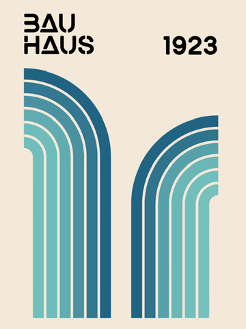 Grafische Illustration mit zwei blauen halbkreisförmigen Bögen und dem Text Bauhaus 1923.