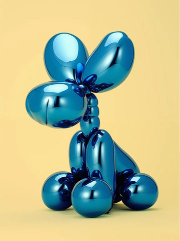 Ein blauer Ballonhund vor einem gelben Hintergrund.