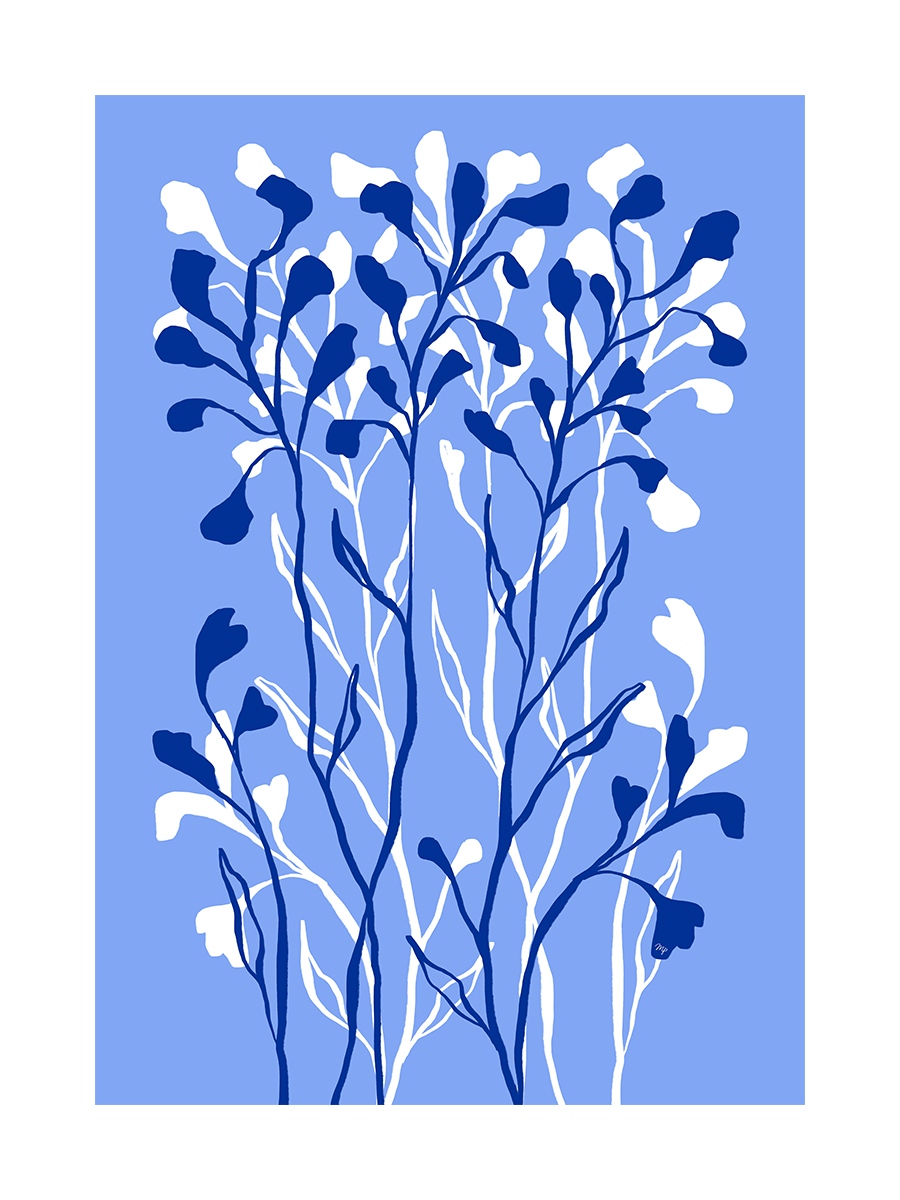 Illustration von blau-weißen Blumen auf hellblauem Hintergrund.