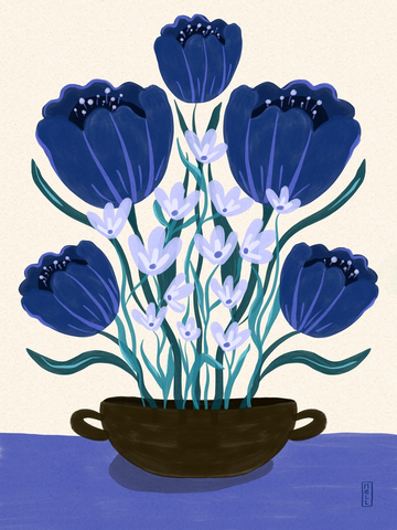 Illustration eines blauen und lila Blumenstraußes in einer dunklen Vase.