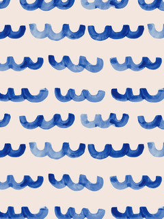 Grafische Illustration mit blauen Pinselstrichen in U-Form auf beigem Hintergrund.