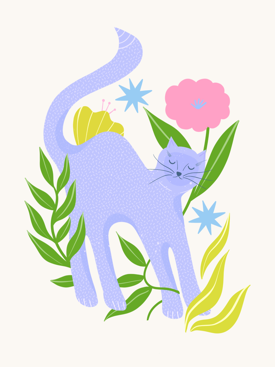 Illustration einer lila Katze, die sich zwischen grünen Blättern und bunten Blumen streckt.