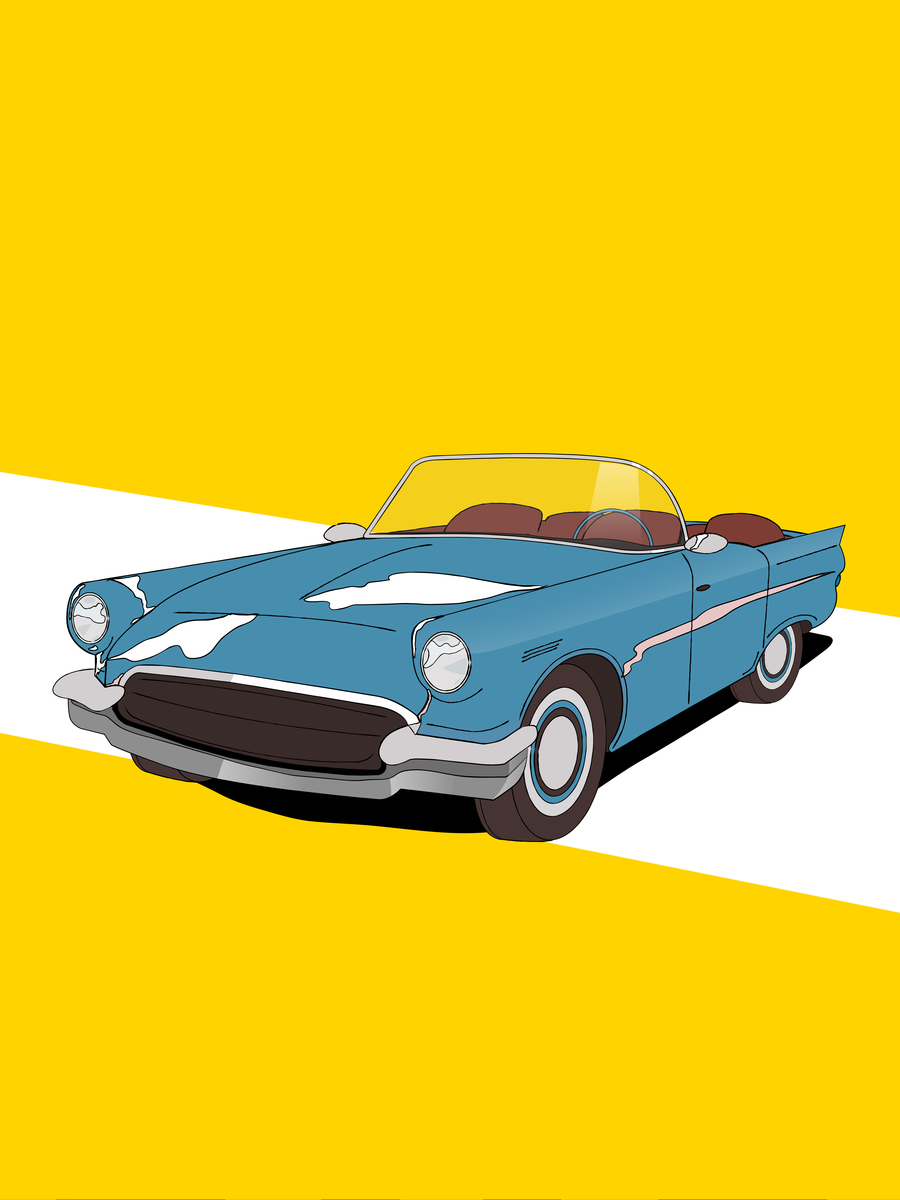 Blau-weißes klassisches Auto auf gelbem Hintergrund.