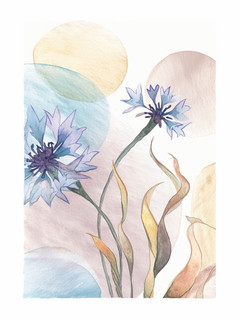 Aquarell von blauen Kornblumen mit beigen Blättern und Kreisen im Hintergrund.