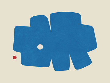 Grafische Illustration einer großen blauen Blume mit einem kleinen roten Punkt auf einem beigen Hintergrund.