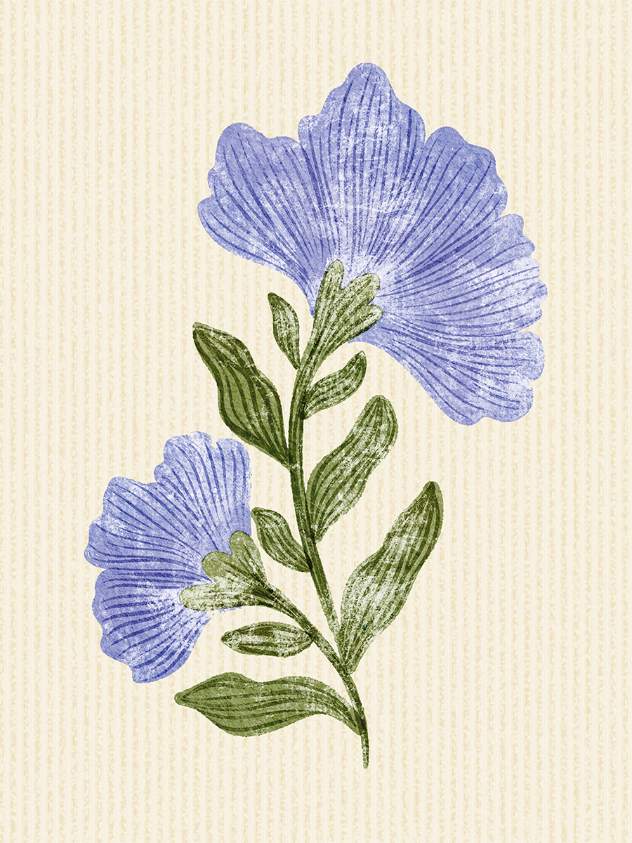 Illustration von zwei blauen Blumen mit grünen Stielen auf gelbem Hintergrund.