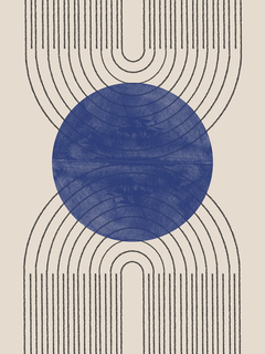 Grafische Illustration mit einem blauen Kreis und schwarzen Linien auf beigem Hintergrund.