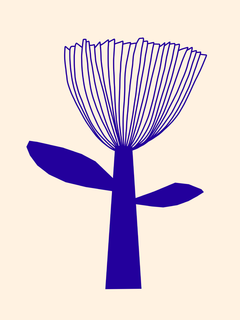 Grafische Illustration einer blauen Blume auf beigem Hintergrund.