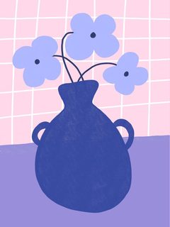 Grafische Illustration einer dunkelblauen Vase mit blauen Blumen vor einem rosa-weiß karierten Hintergrund.