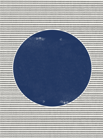 Poster mit einem großen blauen Kreis vor einem schwarz-weiß gestreiften Hintergrund.