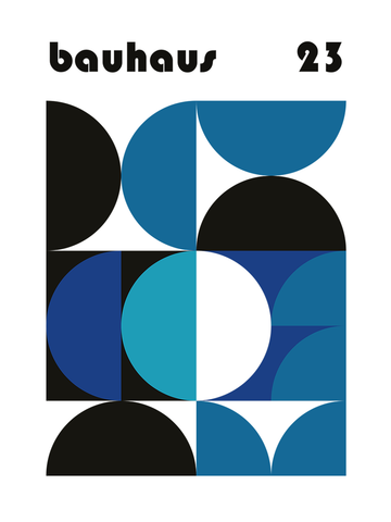 Geometrisches abstraktes Kunstwerk im Bauhaus-Stil mit Halbkreisen, Kreisen und Viertelkreisen in Schwarz, Weiß, Blau- und Türkistönen. Oben steht der Schriftzug „bauhaus 23“
