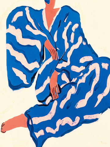 Poster einer Frau in einem blau-weiß gemusterten Kimono auf beigem Hintergrund.