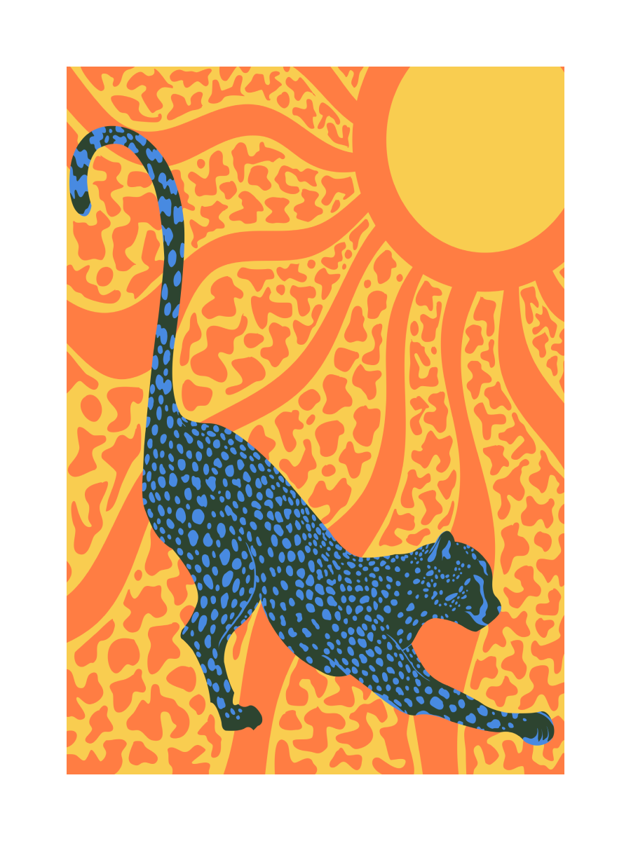 Ein blau gepunkteter Leopard vor einer orangefarbenen Sonne mit abstraktem Hintergrund.