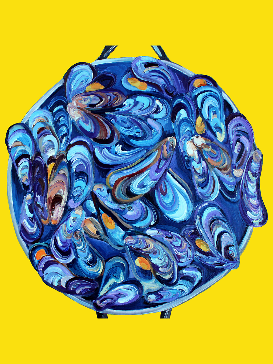 Ein Poster mit blauen Austern auf einem gelben Hintergrund.