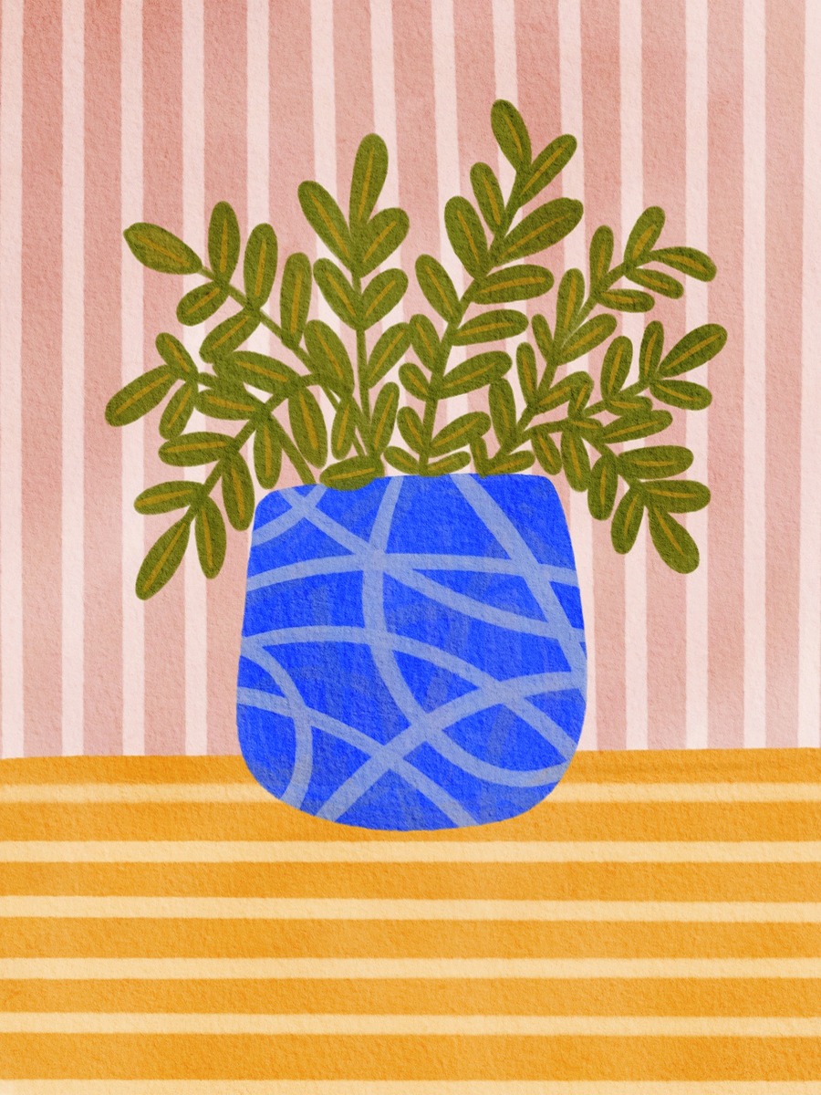 Illustration einer Pflanze in einer blau gemusterten Vase vor einem gestreiften Hintergrund.