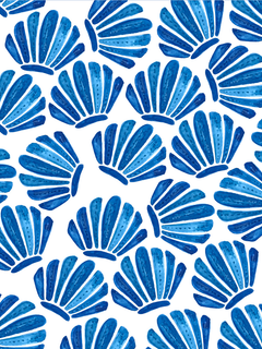 Blaue Muscheln auf weißem Hintergrund.