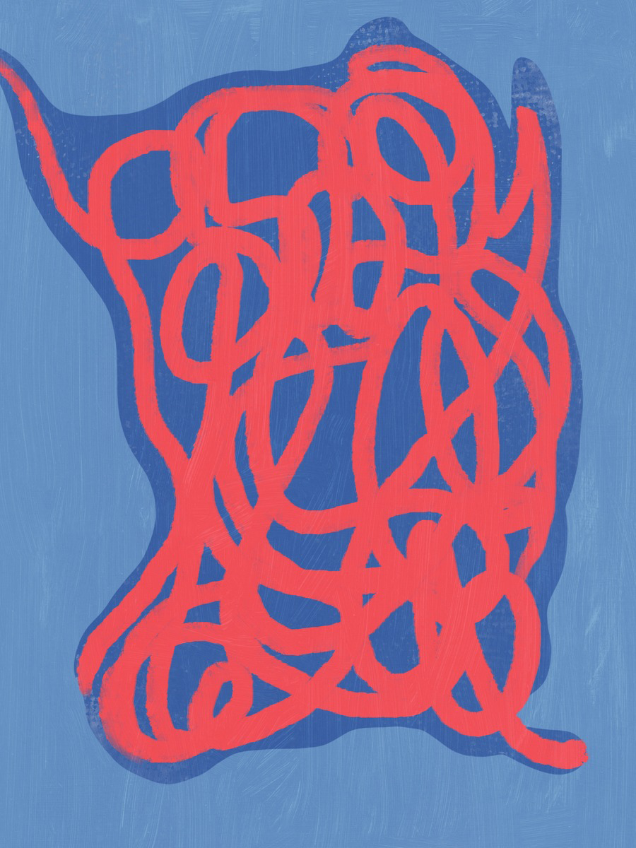 Grafische Illustration mit einem roten Wirbel auf blauem Hintergrund.