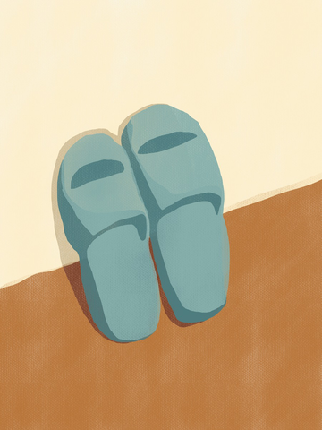 Illustration von blauen Hausschuhen an einer beigen Wand auf einem braunen Boden.
