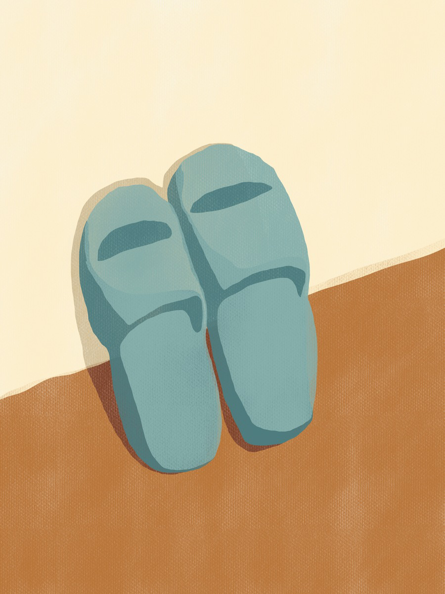 Illustration von blauen Hausschuhen an einer beigen Wand auf einem braunen Boden.