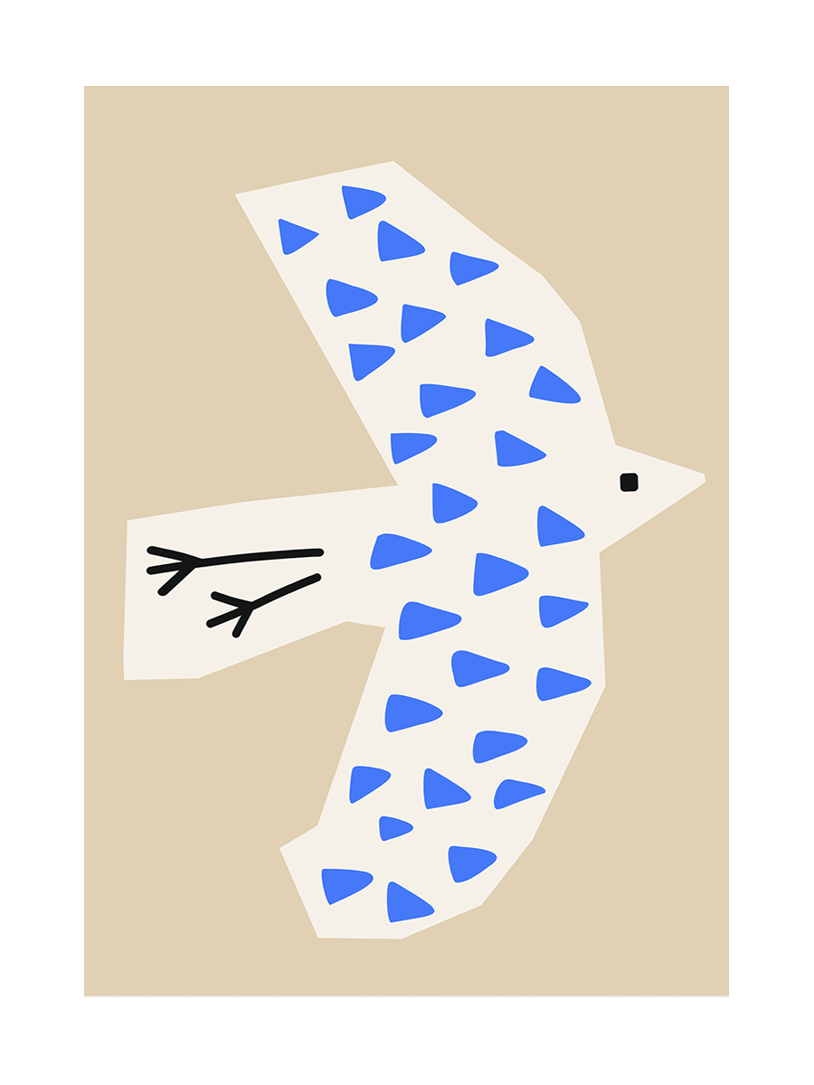 Illustration eines Vogels mit blauen Flecken auf beigefarbenem Hintergrund.