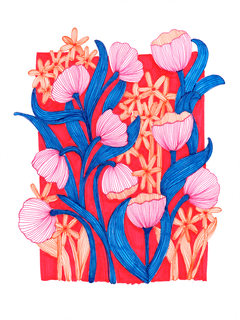 Illustration von roten, blauen und rosa Blumen auf rotem Hintergrund.