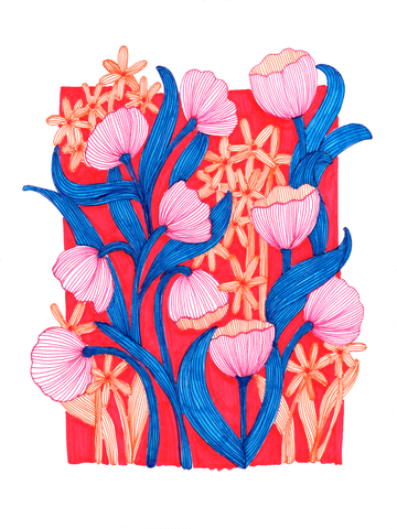 Illustration von roten, blauen und rosa Blumen auf rotem Hintergrund.