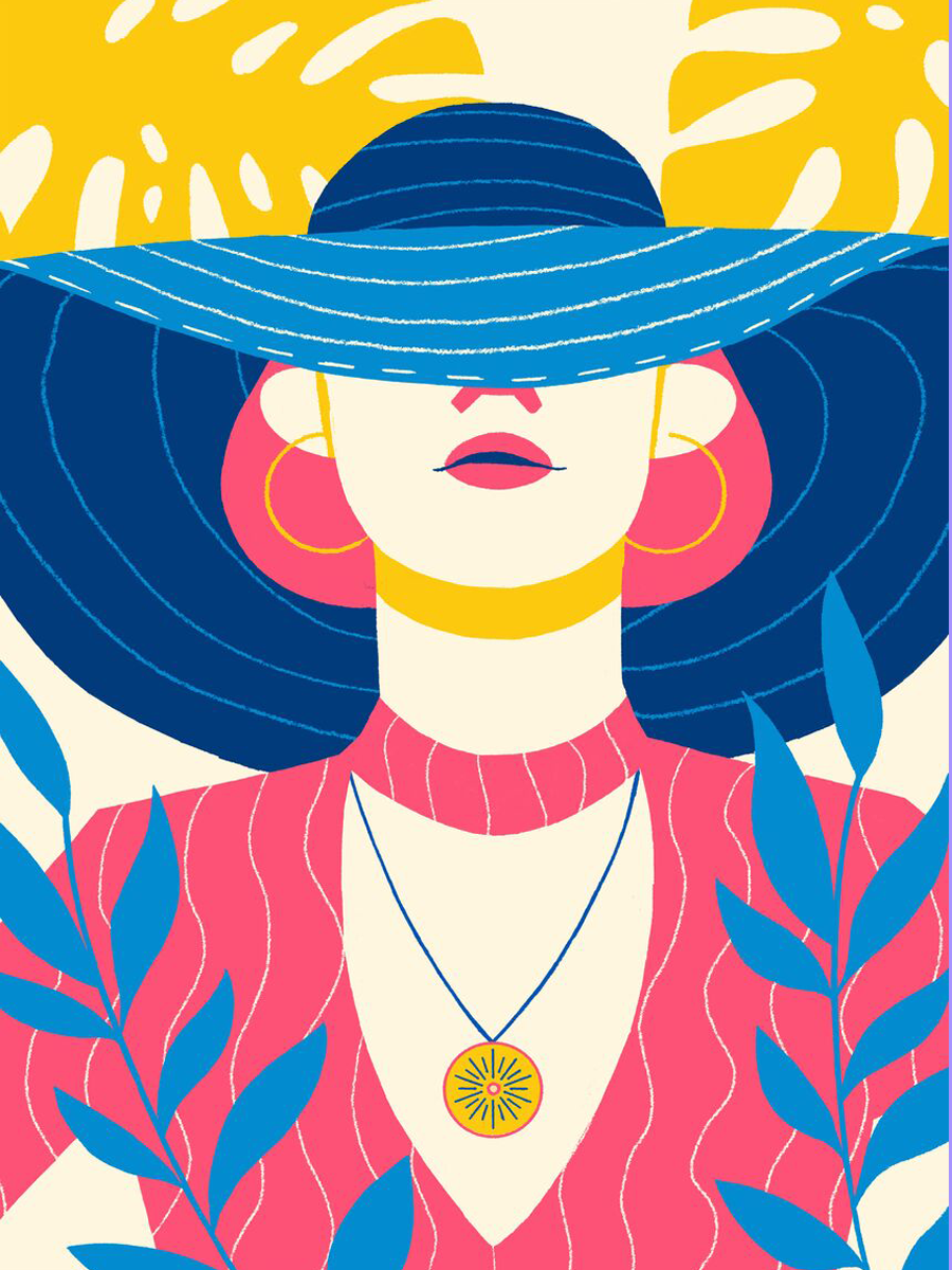 Illustration einer Frau mit blau gestreiftem Hut, umgeben von blauen Pflanzen und gelben Blättern.