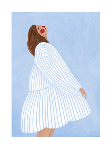 Illustration einer Frau in einem gestreiften weißen Kleid mit blauem Hintergrund.