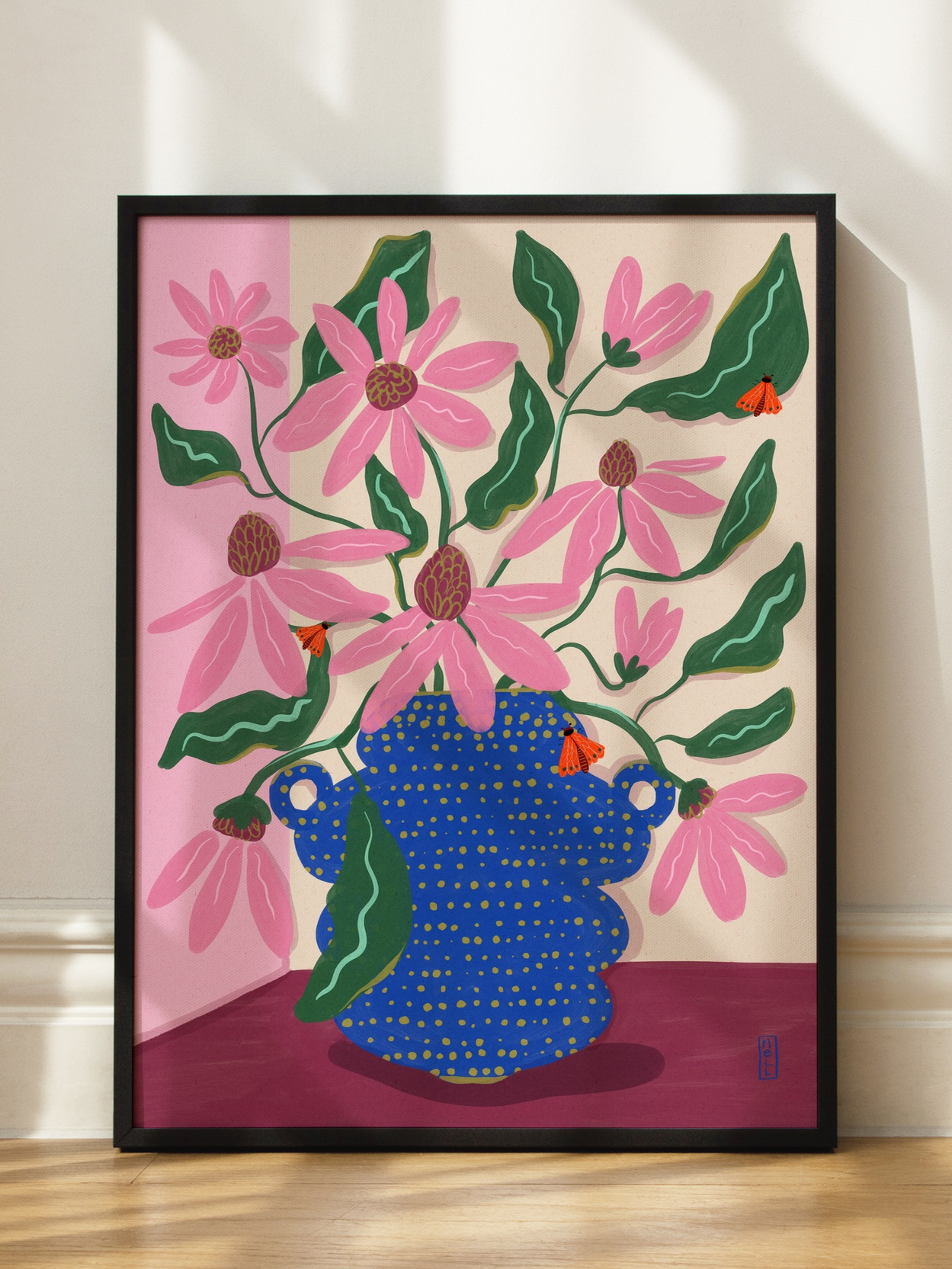 Blue Vase with Pink Flowers Poster